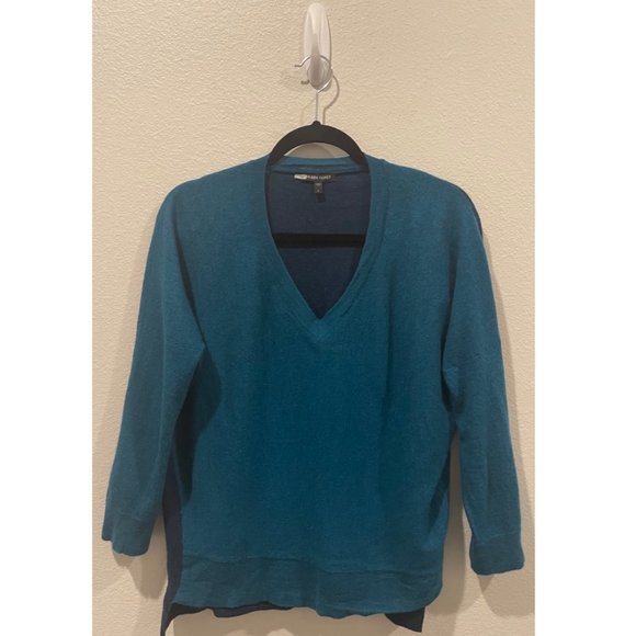 EILEEN FISHER Arctic Green Blue Royal Alpaca Colorblock High Low Sweater - Picture 2 of 4